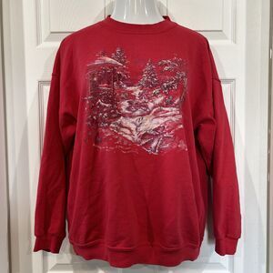 Vintage Northern Reflections Winter Cabin Graphic Sweatshirt Red Cottage Core XL